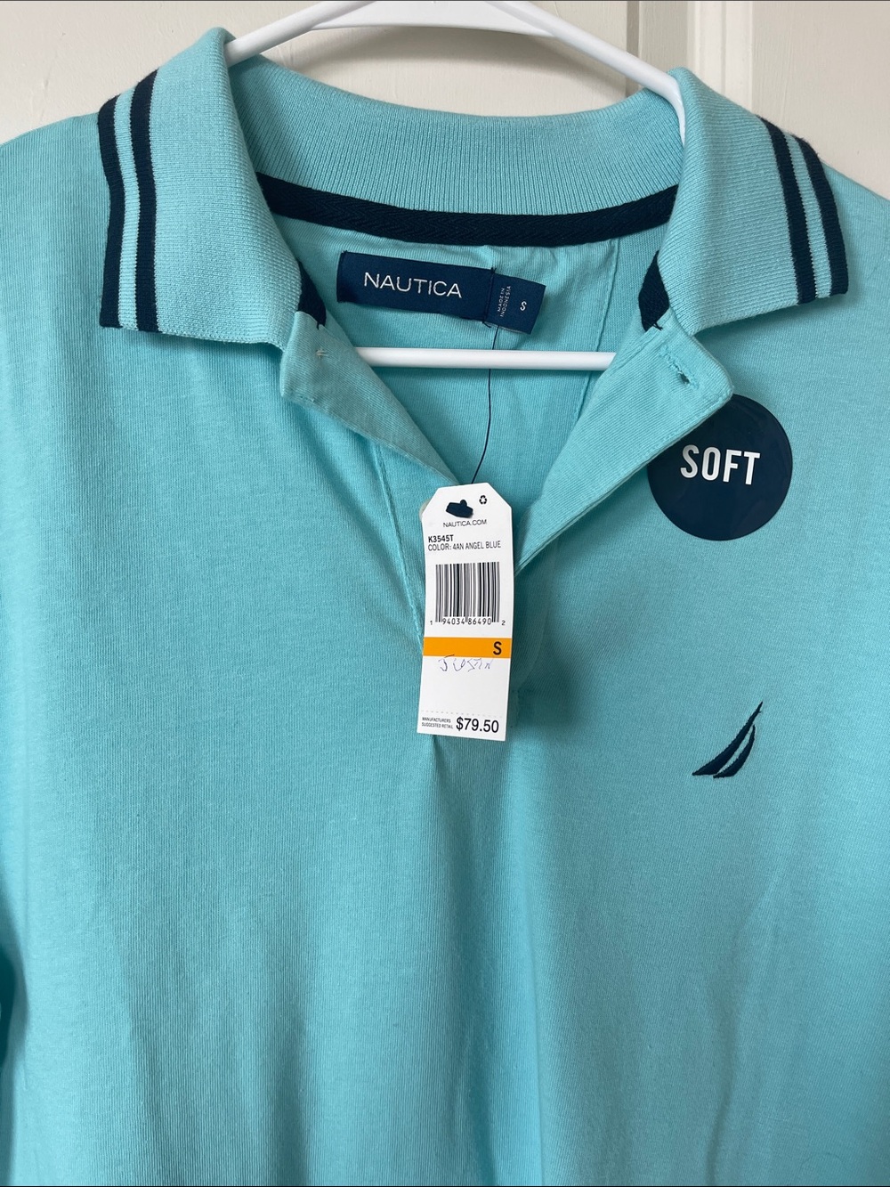Nautica Angel Blue Soft Polo with Navy Stripe Collar